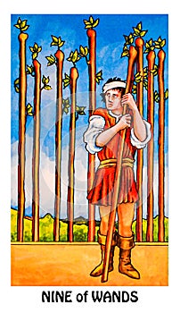 Nine of Wands Tarot Card Wariness Anxious Guarded,Wounded On The Look Out Expecting Trouble On Guard On Duty Ã¢â¬ËOld SoldierÃ¢â¬â¢